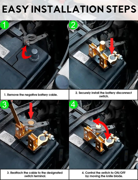 Installation steps for 12V 24V Battery Disconnect Switch 250 Amp Knife Blade Kill Switch on vehicle battery