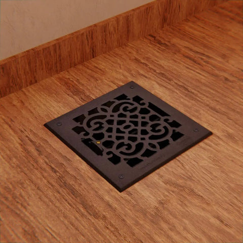 Ornate Victorian Floor Register 10 By 12 Opening Heavy Duty Cast Aluminum Walkable Vent With Adjustable Louver Damper Black Finish