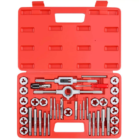 40 Piece Premium Tap And Die Set For Metalworking Do-It-All Kit With SAE Unified Threads From Number Four To One Half Inch Including UNC Coarse, UNF Fine And NPT, Complete With Handles And Essentials For Creating And Repairing Threads