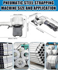 Heavy-Duty Pneumatic Steel Strapping Machine With Integrated Tensioner And Cutter, size dimensions shown, industrial application.