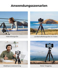 Compact Desk Tripod With Ball Head For DSLR And Phone Travel Ready Aluminum Mini Tripod shown in various use scenarios.