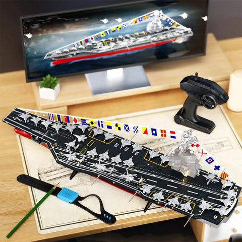 RC Aircraft Carrier Warship Toy With 2.4GHz Dual Motor Power And High Speed Remote Control LED Lights, LHD 883 Naval Ship