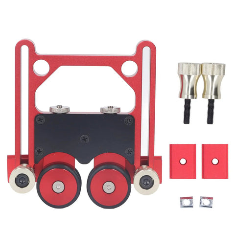 Rock Solid Bearing Roller Featherboards For Table Saw Aluminum double wheel woodworking feed guide, featuring a red chassis and accessories.