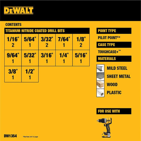 DeWalt 14-piece titanium nitride coated drill bit set on yellow packaging, front view