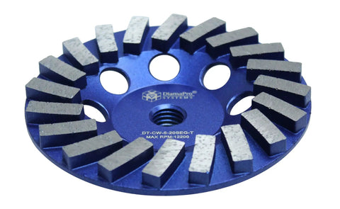 Turbo Concrete Grinding Cup Wheel 5 Inch 20 Segment With Threaded Arbor showing top view of 20 segments and central arbor