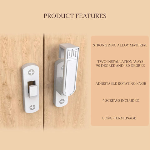 Adjustable 90 To 180 Degree Barn Door Latch Slide Lock With Knob in Zinc Alloy, White Finish, Mounted on Wooden Door