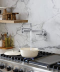 Chrome Pot Filler Faucet Wall Mount With Dual Handles And Double Joint Swing Arms above stove filling pot