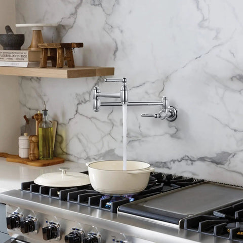 Chrome Pot Filler Faucet Wall Mount With Dual Handles And Double Joint Swing Arms above stove filling pot