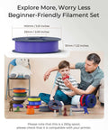 Clear PLA Filament Bundle 1.75mm Multicolor 4 Spools 250g Each Individually Vacuum Packed for 3D Printing Go To Choice With Frosted Translucent Finish displayed in a colorful stack with toys and two people.