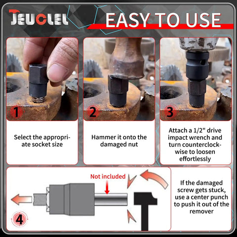 Steps to use Heavy Duty 5-Piece Bolt Extractor Set 1/2 Drive Easy Out Nut And Bolt Remover for stripped lug nuts and bolts.