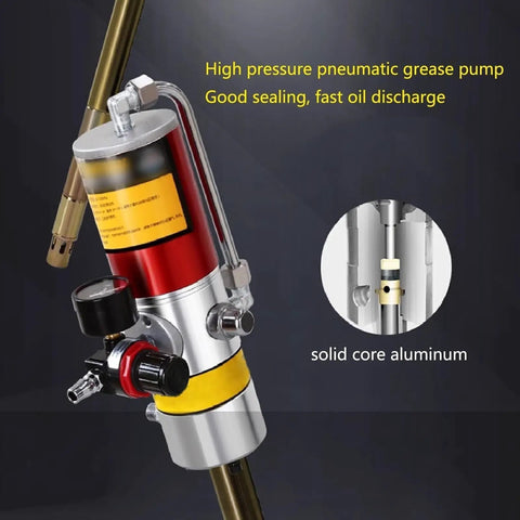 Industrial Pneumatic Grease Pump With Quick 0.85 Liter Flow And Beefy Fifty To One Pressure Ratio Plus Tough Sixteen Foot Explosion Proof Hose Snapping Straight Onto Standard Fifty Five Gallon Drums For Heavy Shop Grind
