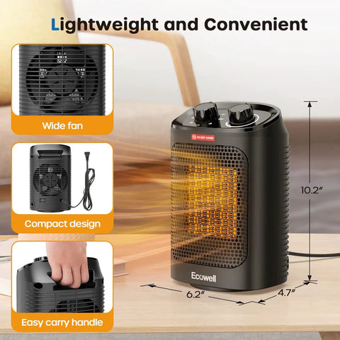 Powerful 1500W Portable Space Heater With 60 Degree Oscillation For Indoor Use, demonstrating compact design and easy carry handle