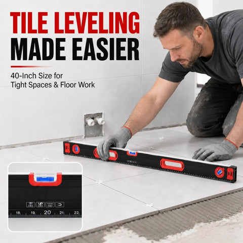 Professional Level Set, 3 Piece Aluminum Spirit Level Kit With 40",60",80" - using 40" level for tile floor work.