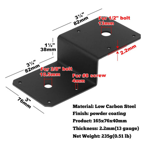 Six Pack Black Z Tie Plates For Post To Beam Deck Joists, Heavy Duty 13 Gauge Carbon Steel, Fits 2x4 Cross Beams And 4x4 Posts