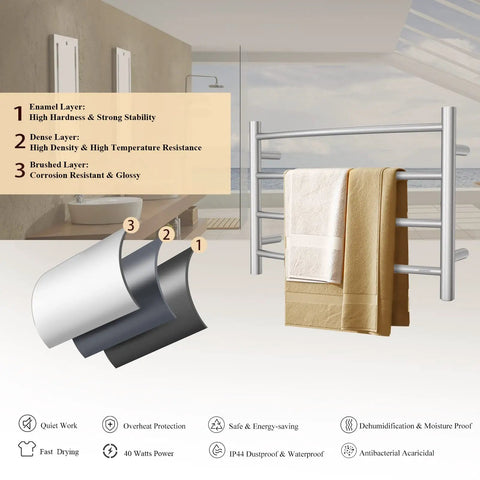 Brushed Nickel Wall Mounted Towel Warmer Rack Electric Stainless Steel Four Curved Bars For Bathroom Plug In 40W ETW29