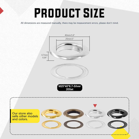 40 Piece Grommet Eyelet Set With Washers size chart and color options, including silver, bronze, gold, gunmetal for DIY projects.