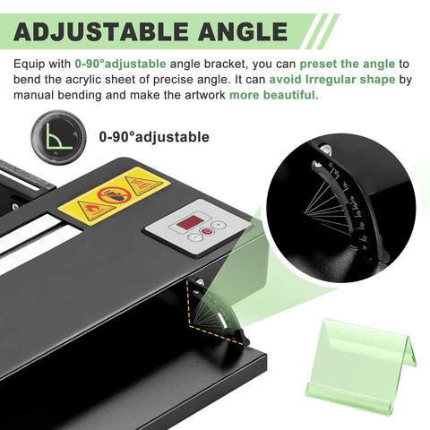 Beefy 24 Inch Acrylic Bender With Digital Temperature Display And Spare Heating Wire, Adjustable Length And Angle Plastic Bending Machine, 110V Black For DIY Sign Making, Craft Projects, And Custom Acrylic Creations. adjustable 0-90° angle control shown