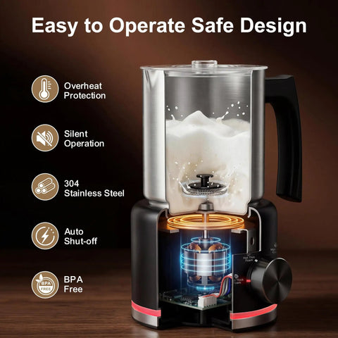 Electric Milk Frother And Steamer 16.9 Oz Four In One Silent And Durable Dishwasher Safe Foam Maker on brown background