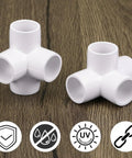 Four Way PVC Fittings Half Inch Eight Pack Furniture Grade Pipe Connectors Elbow PVC Corner Fittings With Deep Sleeves For A Sturdy Do It Yourself Setup on wood surface