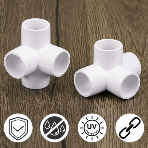 Four Way PVC Fittings Half Inch Eight Pack Furniture Grade Pipe Connectors Elbow PVC Corner Fittings With Deep Sleeves For A Sturdy Do It Yourself Setup on wood surface