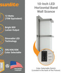 10-Inch LED Horizontal Band Wall Sconce, Color Temperature Selectable 30K/40K/50K, Dimmable, 12W 75W Equivalent, 800 Lumens, Brushed Nickel Finish, ETL Listed, Acrylic Diffuser, Sleek Modern Lighting For Bathrooms, Hallways And Walls.