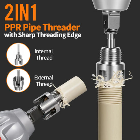 Close-up of Four In One PVC Pipe Threader And Reaming Tool Set showing internal and external threading on plastic pipes.