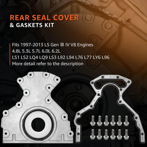 Beefed-Up Rear Main Seal Cover And Gasket Bolts Kit For GM LS V8 Engines 4.8L 5.3L 5.7L 6.0L 6.2L 1997 To 2013 Replace 12639250 12633579 635-518 Fits Chevy GMC And Cadillac, aluminum cover with gasket and bolts