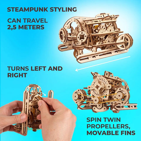Steampunk Submarine Mechanical 3D Puzzle Kit For Adults And Teens, wooden 1:48 model with moving propellers