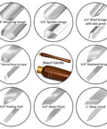 8 Piece M2 HSS Wood Lathe Chisel Set With Long Handle Pro Grade showing details of tools including gouges, scrapers, skew chisels.