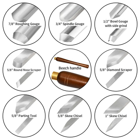 8 Piece M2 HSS Wood Lathe Chisel Set With Long Handle Pro Grade showing details of tools including gouges, scrapers, skew chisels.