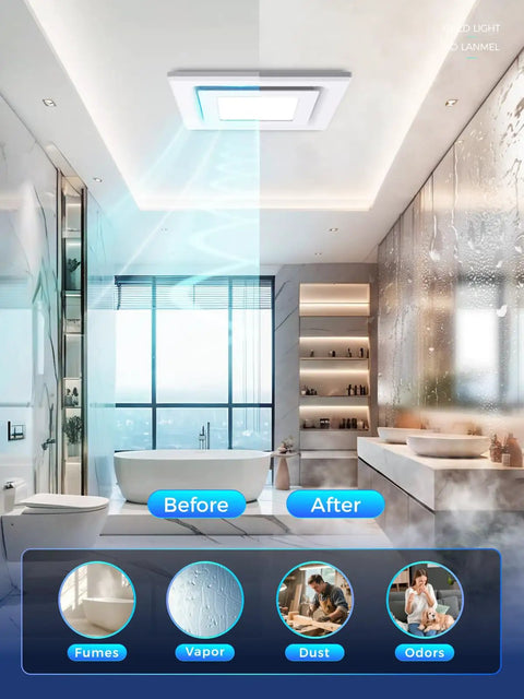 Sleek Ten Inch Ceiling Ventilation Fan With Built In Light Smooth Bath Exhaust Unit clearing moisture in a modern bathroom.