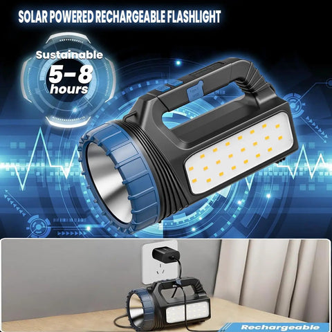 Go To Solar Powered Flashlight With 8000 Lumens Emergency Portable Camping Light charging via USB-C