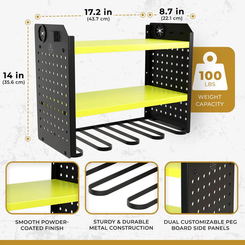Heavy Duty Power Tool Organizer Wall Mount Three Tier Steel Rack With Six Drill Slots Dual Pegboard Sides, green.