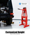 Beefy 6 Ton Hydraulic Press With Adjustable Working Table Height Benchtop A-Frame Shop Press in red beside a car