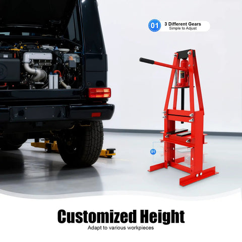 6 Ton Manual Hydraulic Press For Garage And Shop, Bench Top Design, Beefy Build With Ergonomic Handle, Bearings And Bushings Removal, U Joints, Pulleys, Car Repair And Home Workshop Use with adjustable height