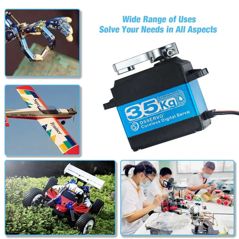 Beefy 35Kg Digital RC Servo With All Metal Gear Coreless Motor Waterproof For RC Robots Cars Trucks 270 Degree Control And Precise PWM Positioning displayed with usage examples.