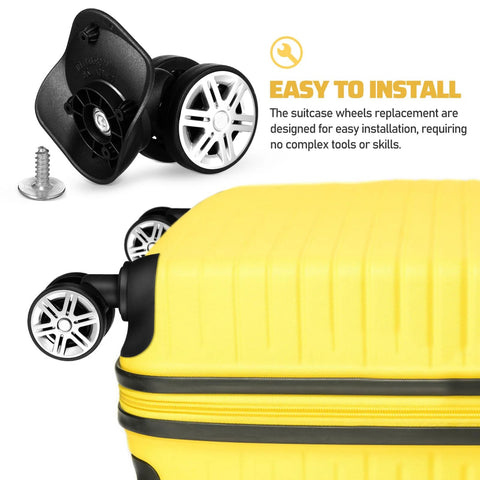 Universal 2 Pairs Luggage Wheels Replacement Kit For Suitcases And Travel Trunks with spinner casters shown on yellow suitcase