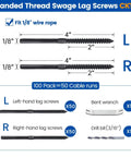 Diagram of 100 Pack 1/8 Inch Black Cable Railing Hardware Kit Swage Screws Left And Right Handed Thread For Wood Posts with dimensions