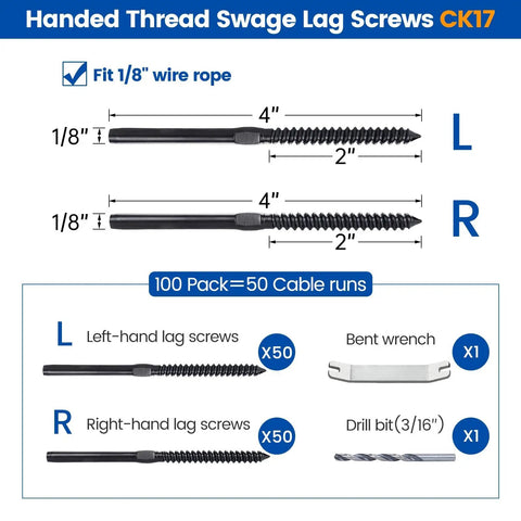 Diagram of 100 Pack 1/8 Inch Black Cable Railing Hardware Kit Swage Screws Left And Right Handed Thread For Wood Posts with dimensions