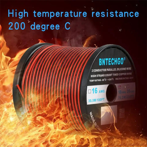 Ultra Flexible 18 AWG Red Black 2 Conductor Silicone Wire Spool Parallel Tinned Copper Core, 250 ft, 600V, 200 C Heat Resistant, Ideal for LED Strip Extensions and DIY Power Cables