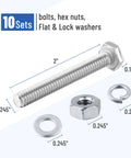 Kickass 10 Pack Of 1/4-20 X 2 Inch Stainless Steel Hex Bolts And Nuts With Washers, Rust Resistant Heavy Duty Fastener Kit Built Like A Tank For Garage Projects. Close-up of 2" stainless steel bolt, nut, and flat washers.