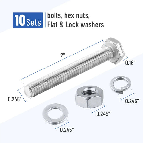 Kickass 10 Pack Of 1/4-20 X 2 Inch Stainless Steel Hex Bolts And Nuts With Washers, Rust Resistant Heavy Duty Fastener Kit Built Like A Tank For Garage Projects. Close-up of 2" stainless steel bolt, nut, and flat washers.
