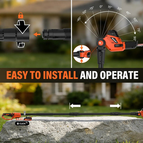 Cordless Pole Hedge Trimmer With 18-Inch Blades, Up To 16-Foot Reach, shown with easy installation and adjustable angles