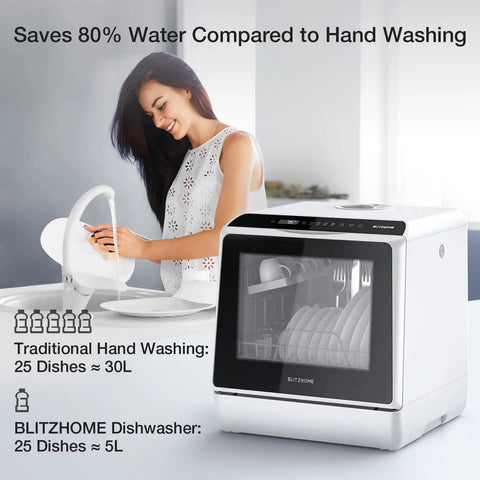 No Sweat Portable Countertop Dishwasher With Slick Wifi App Control, Five Liter Built In Water Tank, Six Fast Wash Cycles, 360 Dual Spray Jets, High Heat Sanitize, Automatic Air Dry, And Deep Clean Mode For Daily Dishes in kitchen with woman washing dishes.