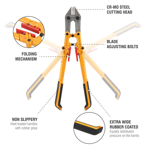 Power Grip 18 Inch Bolt Cutter With Folding Handles For On The Go Jobs Heavy Duty CR MO Steel Cutting Heads Built To Last
