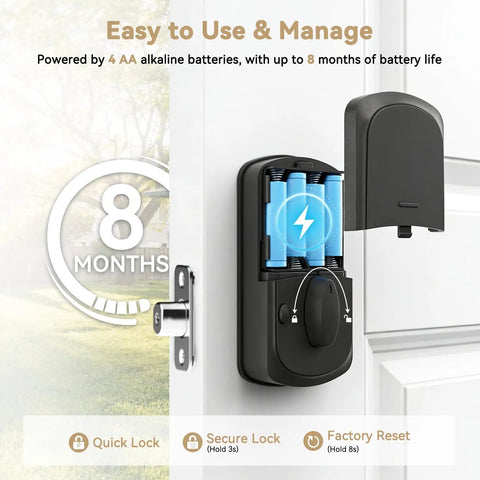 Rock Solid 5 In 1 Smart Deadbolt With Handle Fingerprint Scanner And Keypad Keyless Entry Door Lock showing battery compartment.