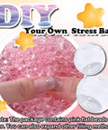 12 Piece DIY Stress Ball Making Kit with pink filling beads and instructions for creating customizable stress balls.