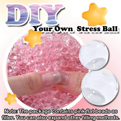 12 Piece DIY Stress Ball Making Kit with pink filling beads and instructions for creating customizable stress balls.