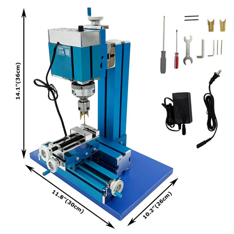 Slick Mini Milling Machine With 20000 RPM Motor, Heavy Duty 3 Axis Benchtop Drill Press For Metal And Wood Projects, 60 Watt Precision Tool, blue design with accessories.