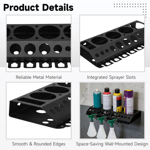 Wall Mount Spray Bottle Organizer with four spray can slots, twelve holes, seven hooks, metal material, and smooth edges.